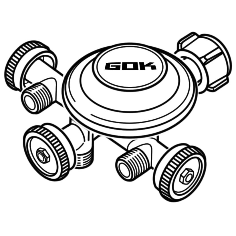 GOK Reduktor niskiego ciśnienia kempingowy, 50 mbar, KLF x 3 x G 1/4 LH-KN