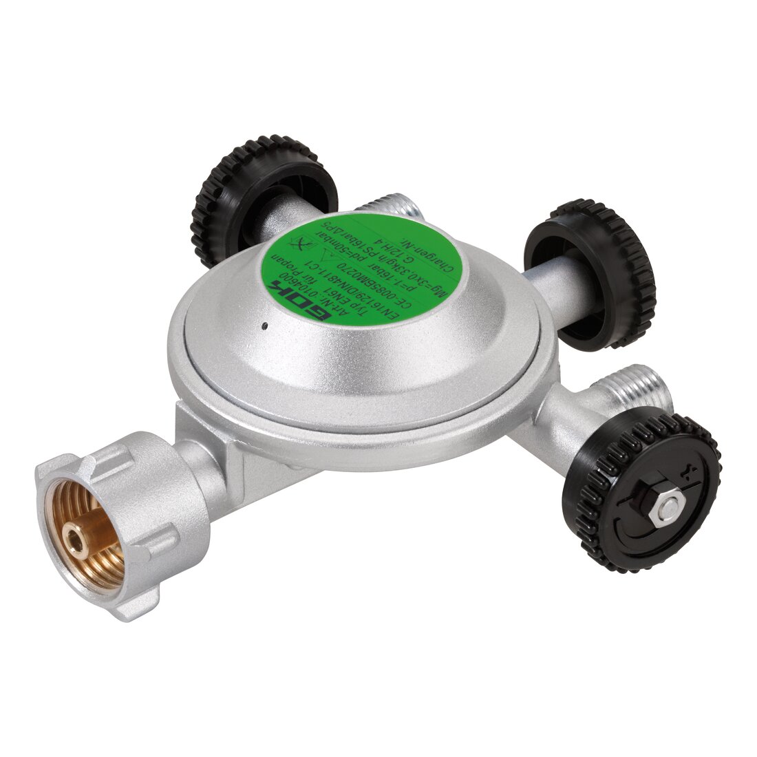 GOK Reduktor niskiego ciśnienia kempingowy, 50 mbar, KLF x 3 x G 1/4 LH-KN