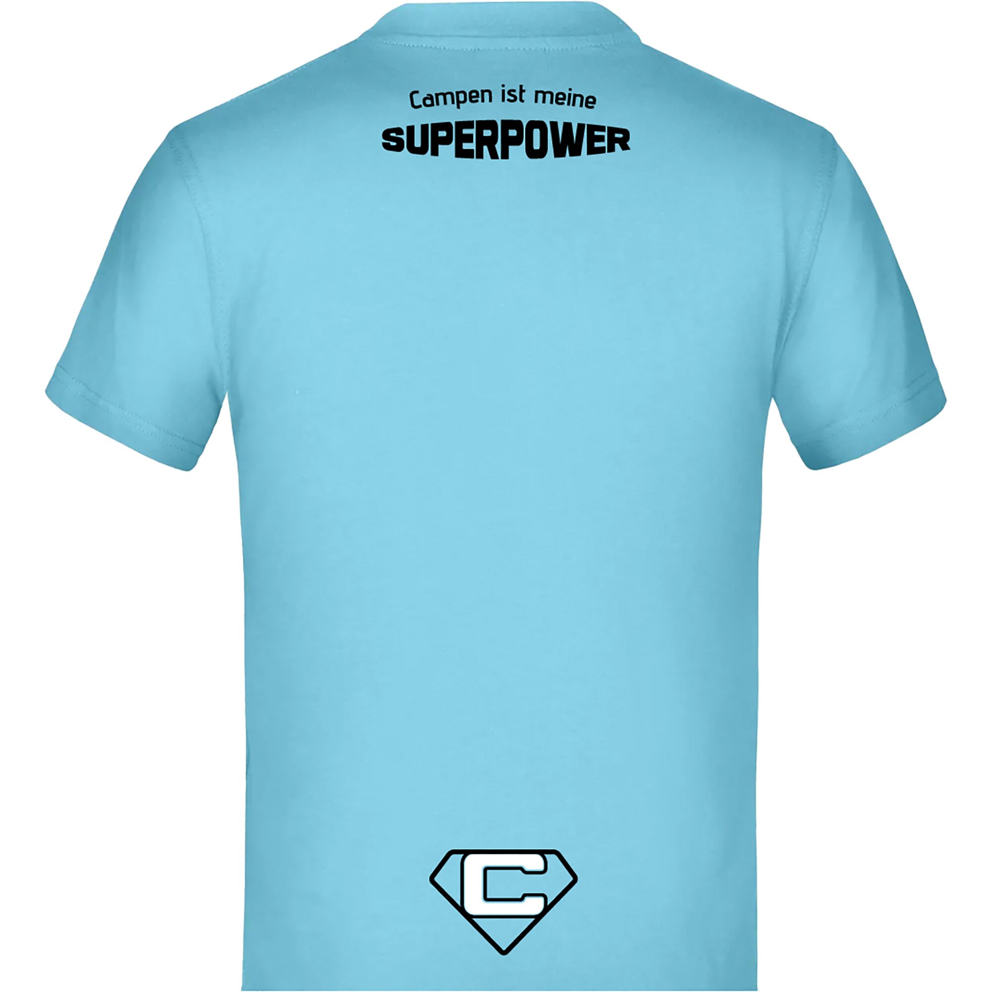 Cool Camper T-Shirt „Campen ist meine Superpower” („Kemping to moja supermoc”), jasnoniebieski, rozmiar 134/146